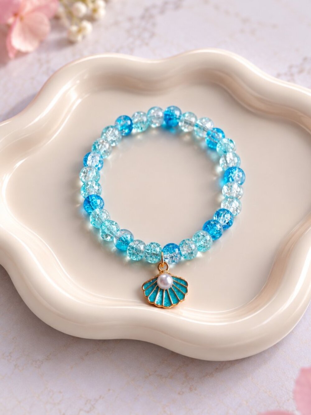 Blue Seashell Kids Bracelet, Handmade Glass Beaded Bracelet, 5 inches